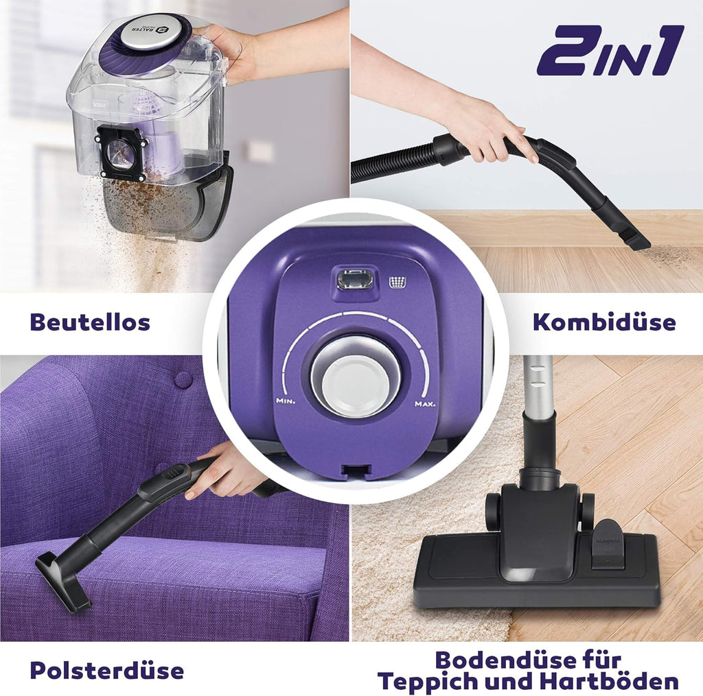 Balter Orion X3 Aspirapolvere, Aspirapolvere a traino senza sacco, Regolazione potenza di aspirazione, Filtro a più stadi, Ciclone, 800W, Contenitore polvere da 3.5L, Viola