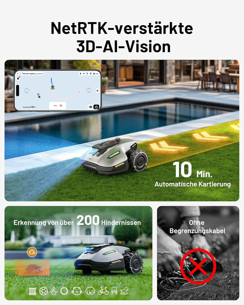 MAMMOTION YUKA Mini 500 Robot Rasaerba senza Filo Perimetrale, NetRTK+Vision, Nessuna Antenna RTK Necessaria, Mappatura Automatica, Consigliato 500m², Max 700m², con Modulo 4G, Pendenza 50%
