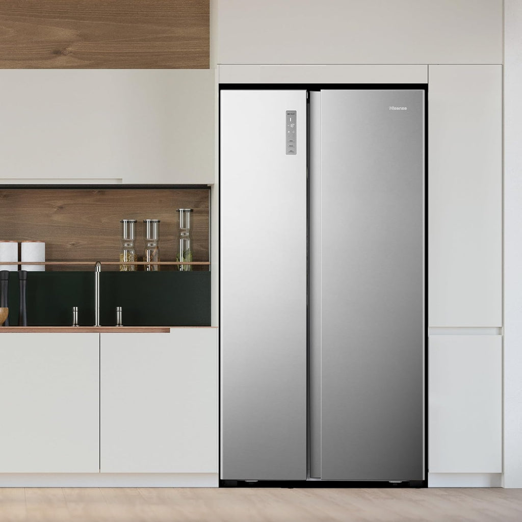 Hisense RS677N4BFD Frigorifero Americano Side by Side / Compressore Inverter / Porta Bottiglie / 2 FreshZone / Vano Verdure / Capacità Frigo 334 L / Capacità Congelatore 185 L / 41 dB / 247 kWh all'anno, Nero