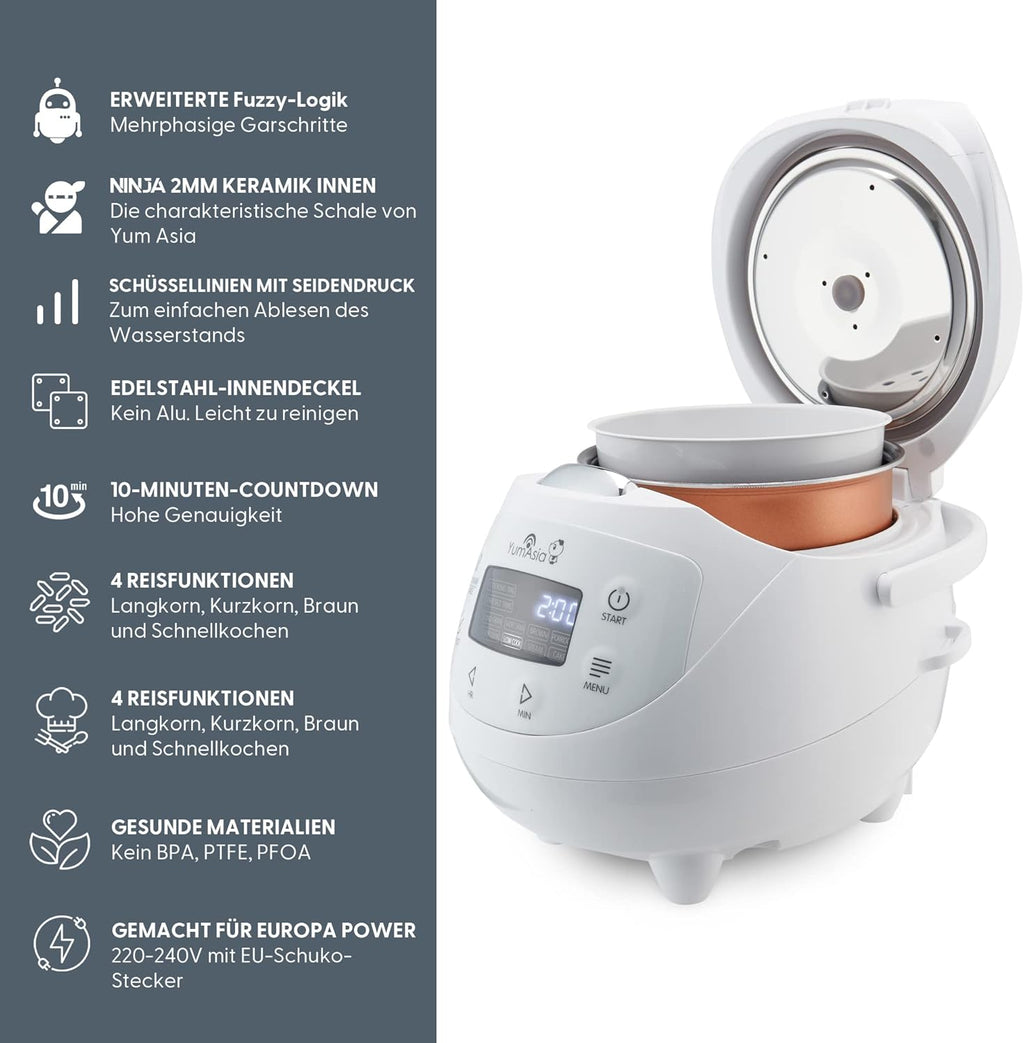 Yum Asia Panda Mini-Reiskocher mit Ninja-Keramikschüssel und Advanced Fuzzy Logic (3,5 Tassen, 0,63 Liter) 4 Reisfunktionen, 4 Multicooker-Funktion, 220–240V