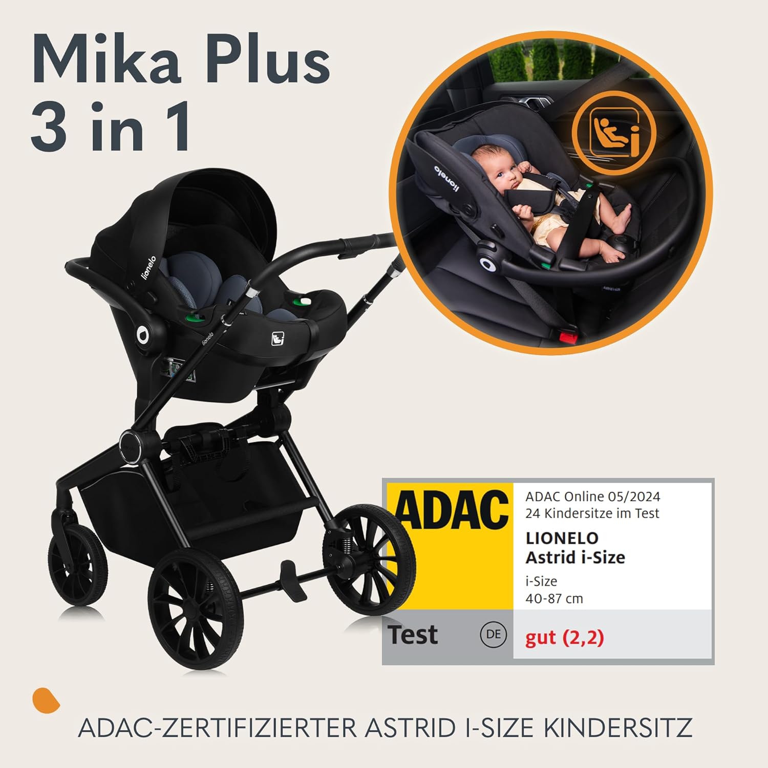 Passeggino LIONELO MIKA PLUS 3-in-1, da 0 a 48 mesi, fino a 22 kg, navicella fino a 9 kg, seggiolino auto fino a 13 kg, schienale regolabile, ammortizzazione, ruote a 360°, cappottina XXL