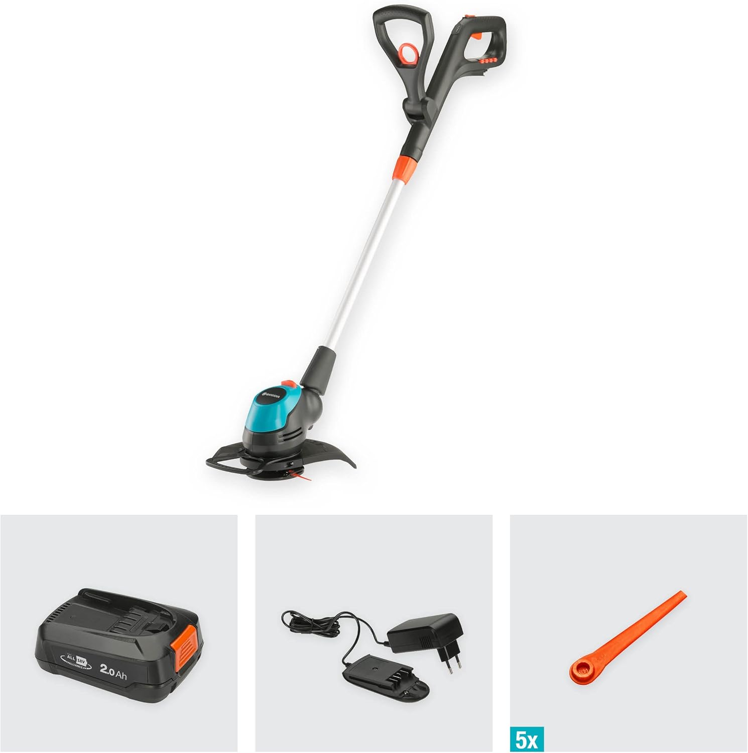 Gardena Akku-Trimmer EasyCut 23/18V P4A Ready-to-Use Set: Rasentrimmer mit 230 mm Schnittkreis, Verstellbarer Griff, Pflanzenschutzbügel und Stielneigungsverstellung, inkl. 18 V P4A Akku (14700-20)