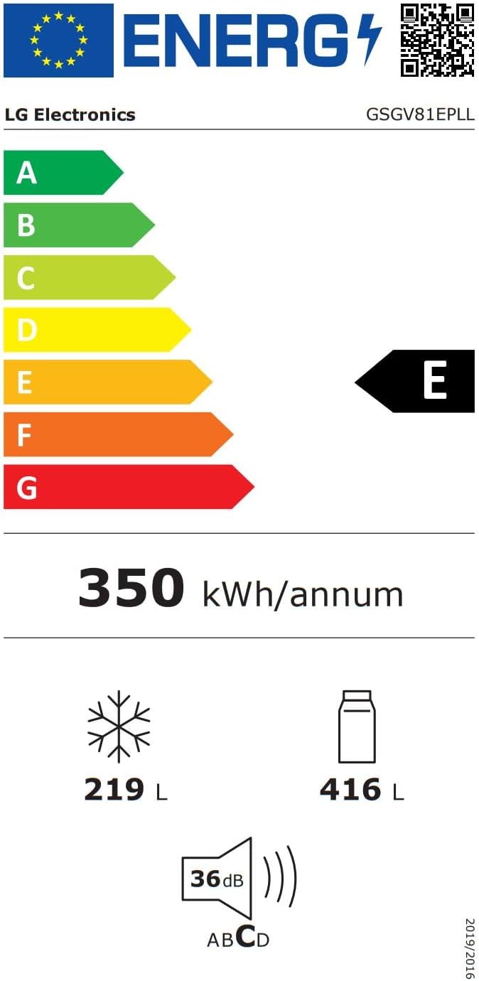 LG GSGV81PYLL Frigorifero Side by Side, Classe E, 635 L, Instaview, Frigorifero con congelatore, Dispenser ghiaccio, ghiaccio tritato, acqua, Total NoFrost, Smart Inverter Compressor, Wi-Fi