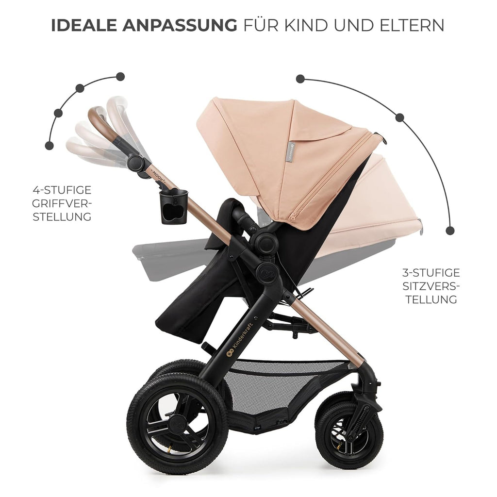 Kinderkraft MOOV2 AIR Passeggino 3 in 1 Set Passeggino fino a 26 kg con seggiolino auto I-SIZE 40-75 cm, funzione passeggino, schienale reclinabile, ampia capottina estensibile, ruote gonfiabili, nero