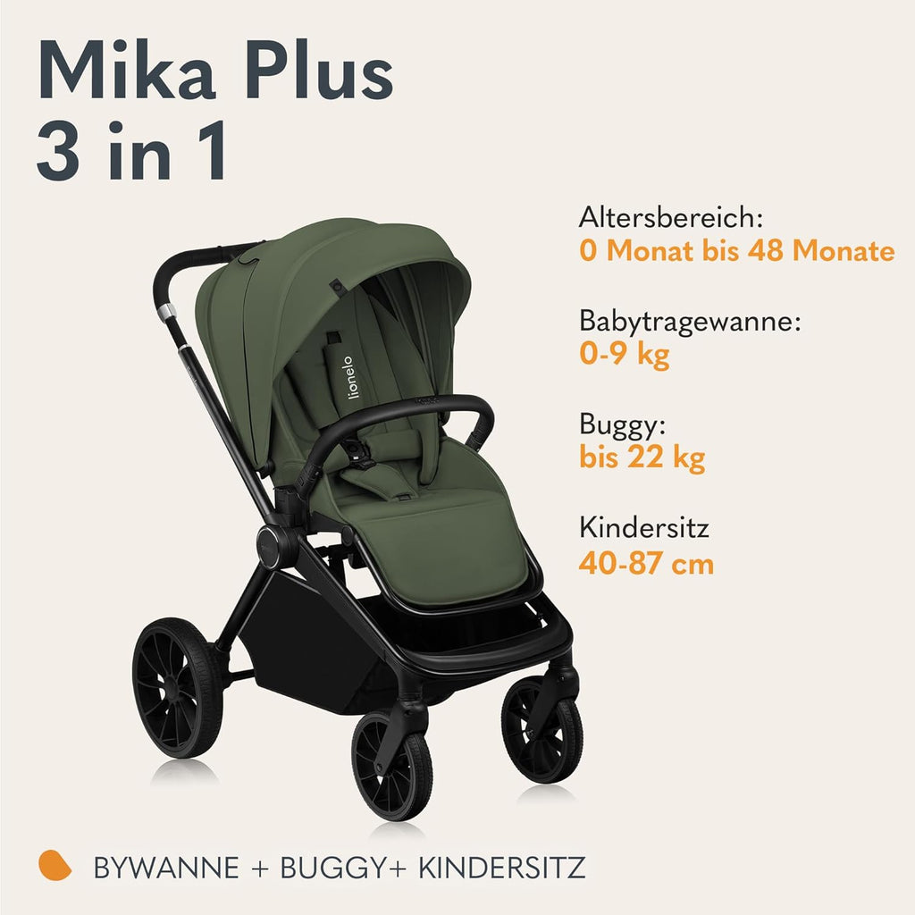 Passeggino LIONELO MIKA PLUS 3-in-1, da 0 a 48 mesi, fino a 22 kg, navicella fino a 9 kg, seggiolino auto fino a 13 kg, schienale regolabile, ammortizzazione, ruote a 360°, cappottina XXL