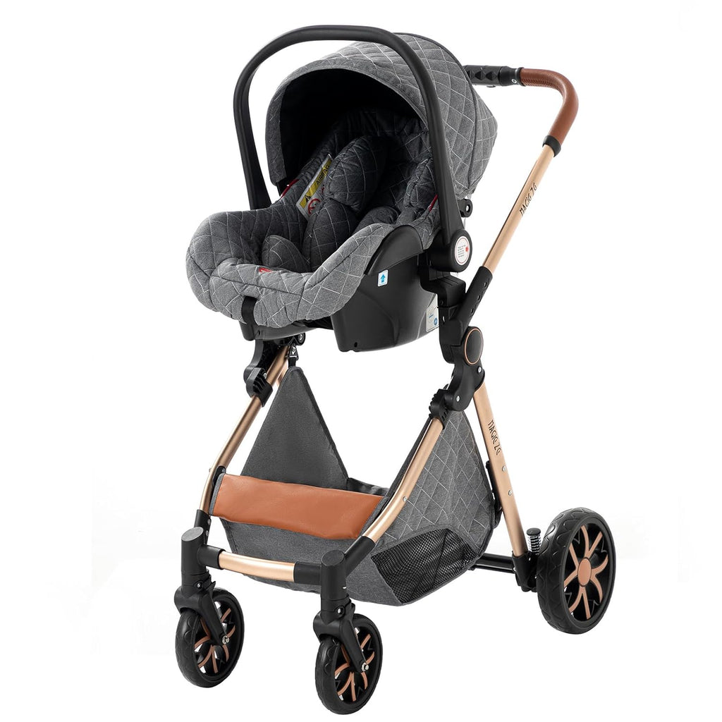 Sianldcone Passeggino 3 in 1, Set Passeggino con Tessuti di Alta Qualità, Sistemi di Viaggio con Spinta Reversibile, Passeggino Combinato a Vista Aperta Set Completo 3 in 1 (V9 Cachi)