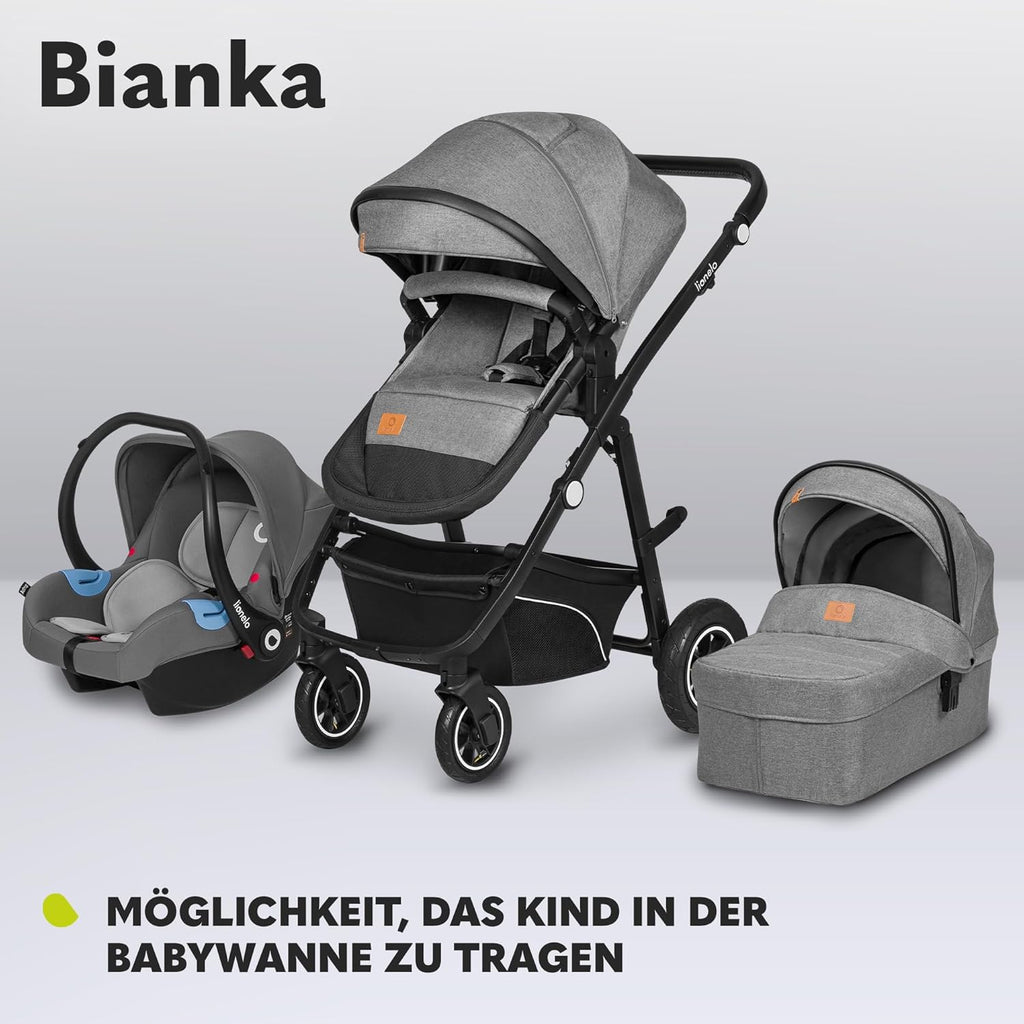 LIONELO BIANKA Kinderwagen 3 in 1 bis 22 kg Babywanne Autositz Zusammenlegbar, Reise-System, Einstellung der Rückenlehne, Räder 360o Stoßdämpfer, Verdeck XXL