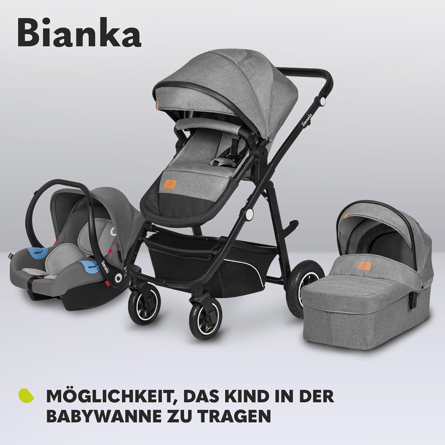 LIONELO BIANKA Kinderwagen 3 in 1 bis 22 kg Babywanne Autositz Zusammenlegbar, Reise-System, Einstellung der Rückenlehne, Räder 360o Stoßdämpfer, Verdeck XXL