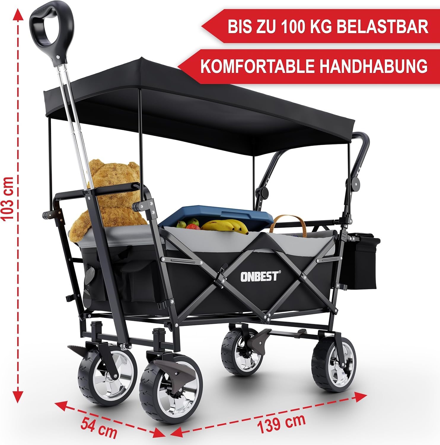 ONBEST Carretto Pieghevole - Con Parapioggia - Carrello Pieghevole con Tetto 100 kg di Carico - Tetto Parasole - Borsa Termica - Portabicchieri - Outdoor - Carrello da Spiaggia Pieghevole (Nero)