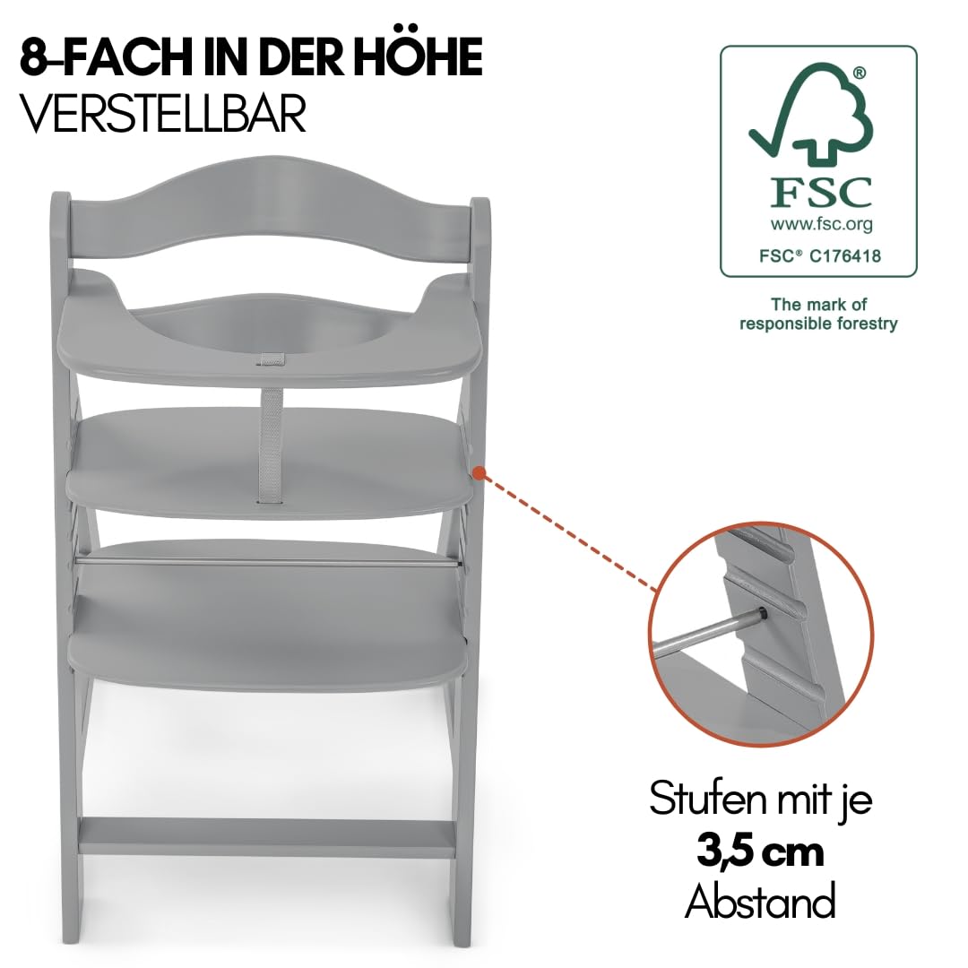 hauck Alpha Plus Newborn Set mit Premium Bouncer Dark Grey - Baby Holz Hochstuhl ab Geburt mit Liegefunktion - extra flacher Aufsatz für Neugeborene & Baumwoll Sitzpolster - Grau