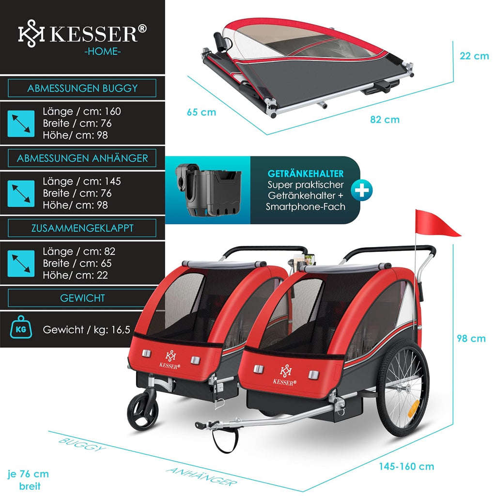 KESSER® Kinderfahrradanhänger Sport-RX 2in1 Jogger & Buggy 5-Punkt-Gurt Sicherheitsgurt 360° Vorderrad Kinderfahrradanhänger Reflektoren für 1-2 Kinder (max. 40 kg) Getränkehalter & Smartphonefach