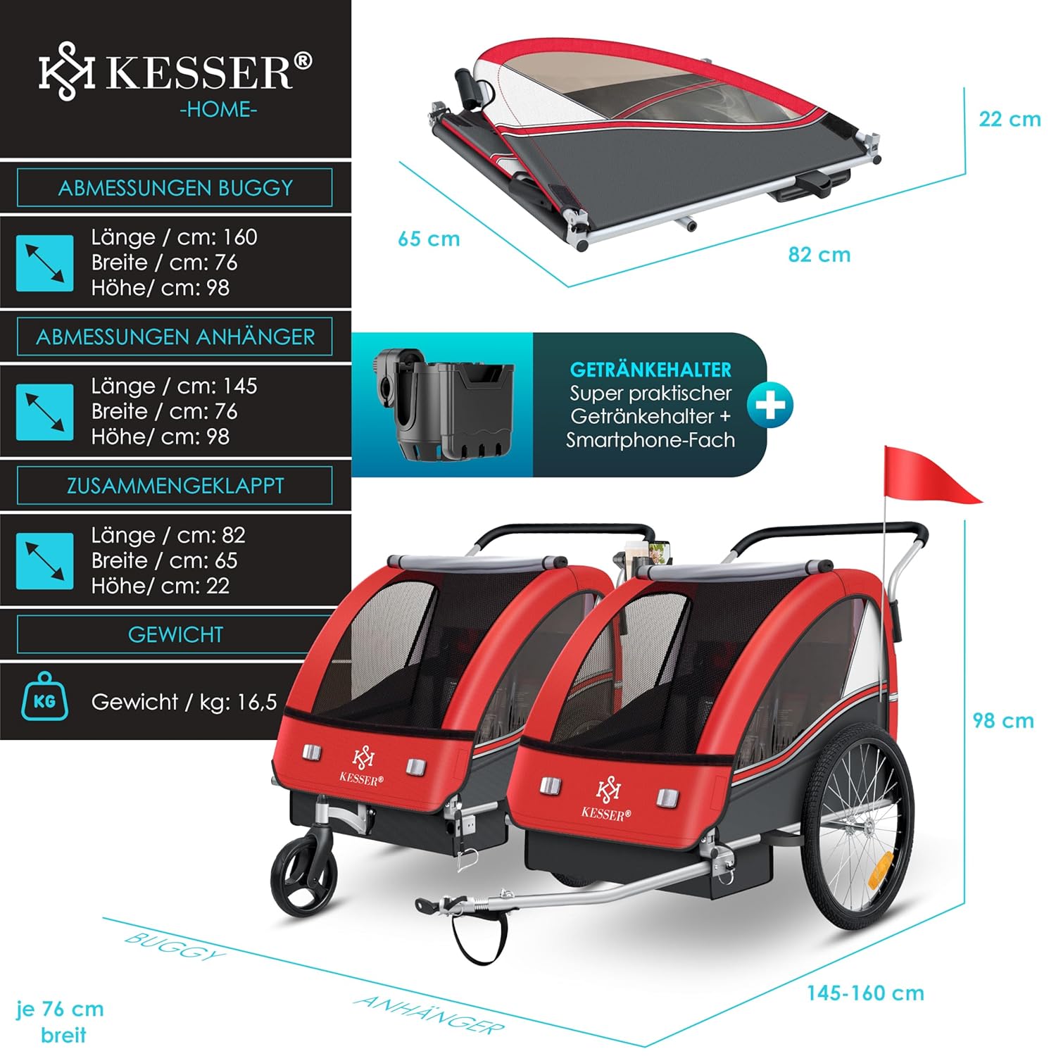 KESSER® Kinderfahrradanhänger Sport-RX 2in1 Jogger & Buggy 5-Punkt-Gurt Sicherheitsgurt 360° Vorderrad Kinderfahrradanhänger Reflektoren für 1-2 Kinder (max. 40 kg) Getränkehalter & Smartphonefach