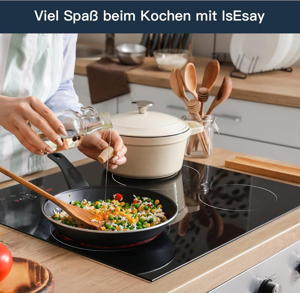 IsEasy 4 Zonen Einbau Induktionskochfeld mit 9 Leistungsstufen &1-99Min Timer, Boost-Funktion, Induktionskochplatte, Induktion Herdplatte mit 4 Platten, 60cm, 6800W, Schwarz