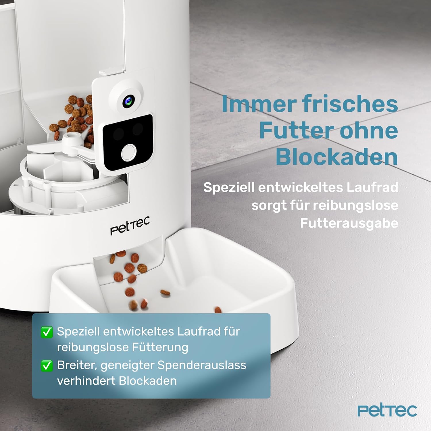 PetTec – Pet Cam Buddy Haustierkamera Futterautomat 8L für Katzen- & Hunde-Trockenfutter – Automatischer Futterspender mit WLAN & App-Steuerung -Inkl. 2-Wege-Audio, Bellerkennung & Nachtsicht