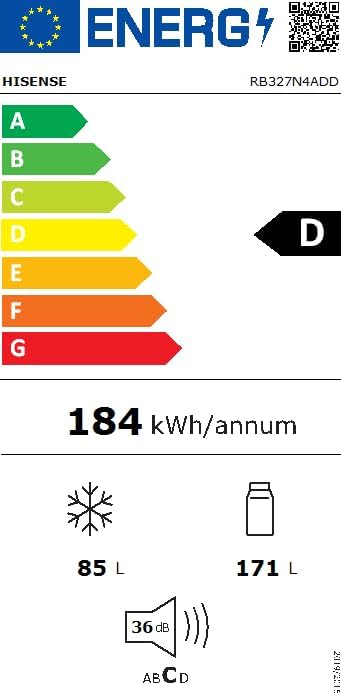 Hisense RB327N4ADD Frigorifero Combinato, Classe Energetica D, Total NoFrost, Porta Reversibile, Griglia Portabottiglie, Vano Frigo 171 Litri, Vano Congelatore 85 Litri, Look Acciaio Inox