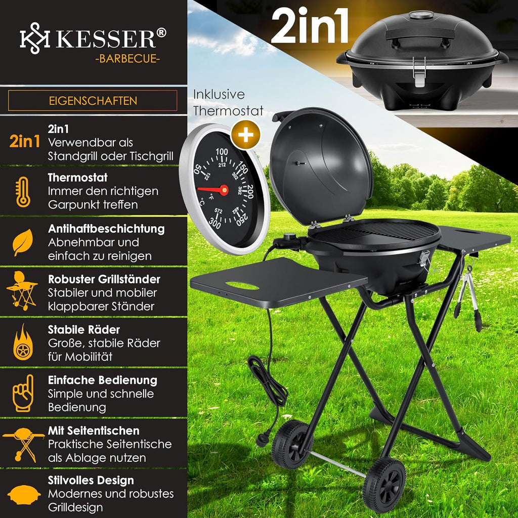 KESSER® elektrischer Elektrogrill 2in1 Tischgrill - Standgrill mit Deckel und Standfuß | max. 2400 Watt | Faltbar | Thermostat | Antihaftbeschichtung | Grillplatte Abstelltische | 2 Räder |