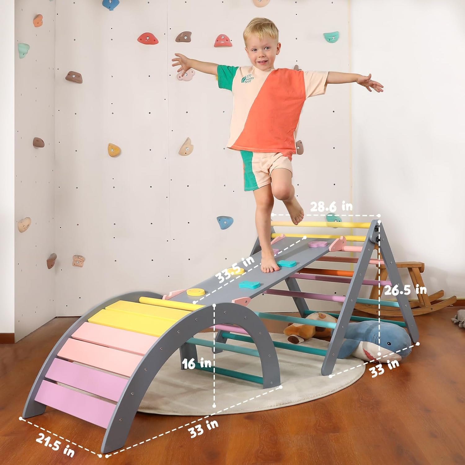 Set di triangoli con cuscino, set da arrampicata Montessori 5 in 1 pieghevole, set da gioco per interni per bambini piccoli, giocattolo da arrampicata in legno con rampa e arco da arrampicata per bambini (colore legno)