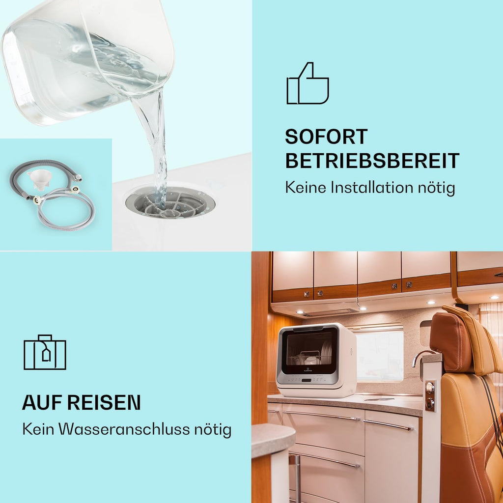 Klarstein ia Mini Lavastoviglie, lavastoviglie con spazio per 2 coperti, 6 programmi, richiede 5 litri d'acqua, display a LED, touch, lavastoviglie da tavolo incl. accessori, nero