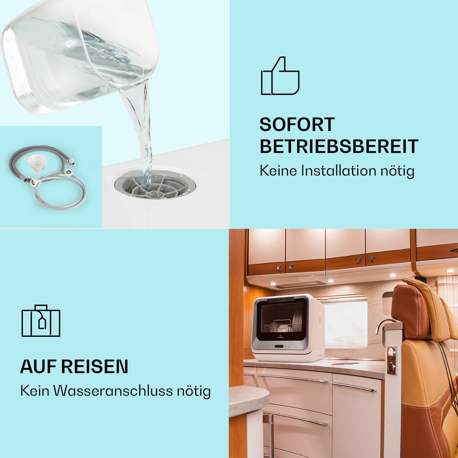 Klarstein ia Mini Lavastoviglie, lavastoviglie con spazio per 2 coperti, 6 programmi, richiede 5 litri d'acqua, display a LED, touch, lavastoviglie da tavolo incl. accessori, nero