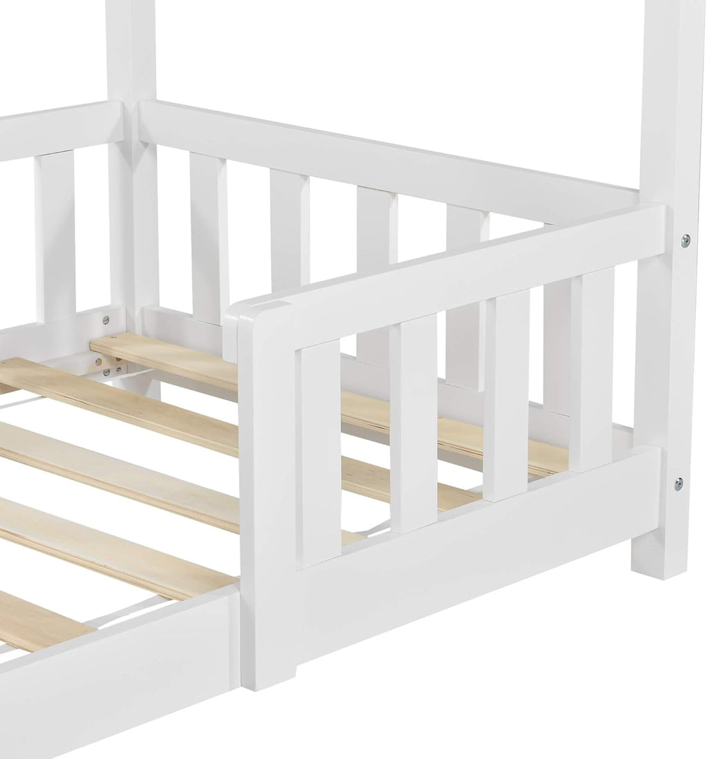 [en.casa] Letto per bambini Sisimiut a capanna 80 x 160 cm con protezione anticaduta letto in legno per bambini letto a terra rete a doghe in legno di pino Bianco opaco
