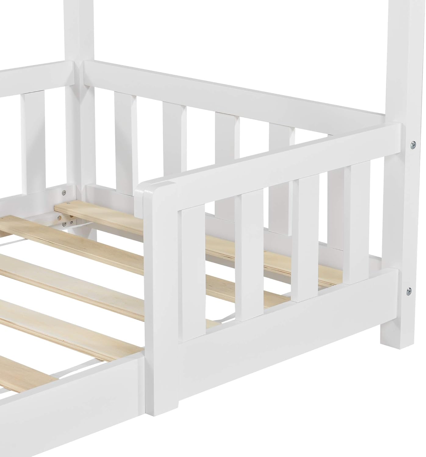[en.casa] Letto per bambini Sisimiut a capanna 80 x 160 cm con protezione anticaduta letto in legno per bambini letto a terra rete a doghe in legno di pino Bianco opaco