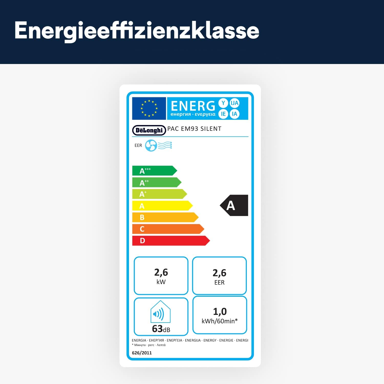 De'Longhi Pinguino PAC EM93 Silent, climatizzatore portatile per ambienti fino a 90 m³, 10.500 BTU/h, 2,6 kW, 63 dB, funzione deumidificatore, classe energetica A, timer 24 ore, bianco