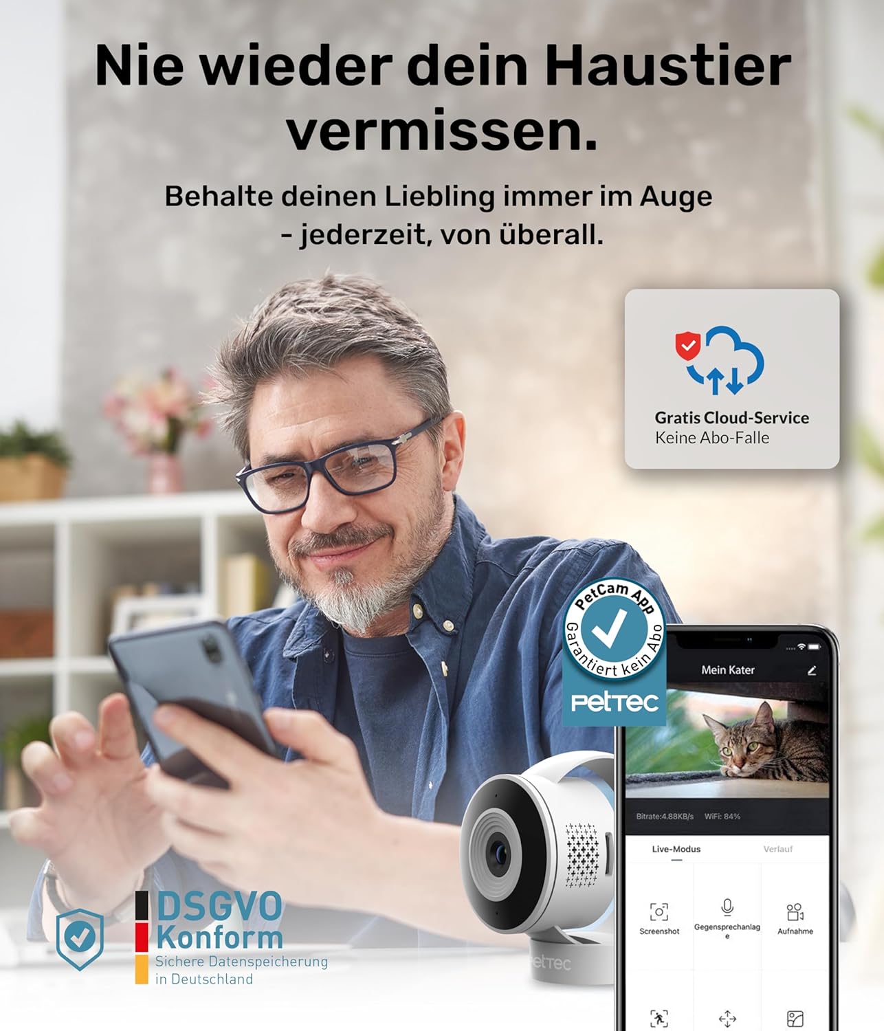 PetTec – Pet Cam Buddy Haustierkamera Futterautomat 8L für Katzen- & Hunde-Trockenfutter – Automatischer Futterspender mit WLAN & App-Steuerung -Inkl. 2-Wege-Audio, Bellerkennung & Nachtsicht