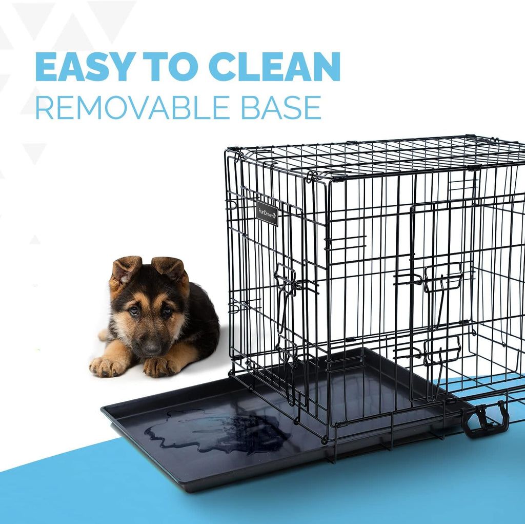 Gabbia per cani (76 cm) – Gabbia per animali domestici in metallo nero con 2 porte (anteriore e laterale) con base in plastica resistente ai morsi e maniglia per il trasporto, robusta box, perfetta per l'addestramento dei cuccioli (media)