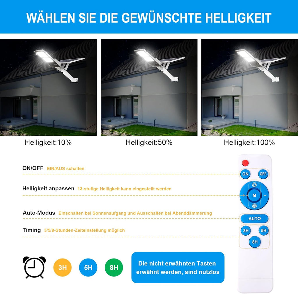 BTTO Solarlampen für Außen mit Fernbedienung,6500K Solar LED Strahler mit 180° Beleuchtungsbereich,IP65 Wasserdichte Dimmbare Solarleuchten Gärten,Wegeleuchten Outdoor für Wand Straße Garage