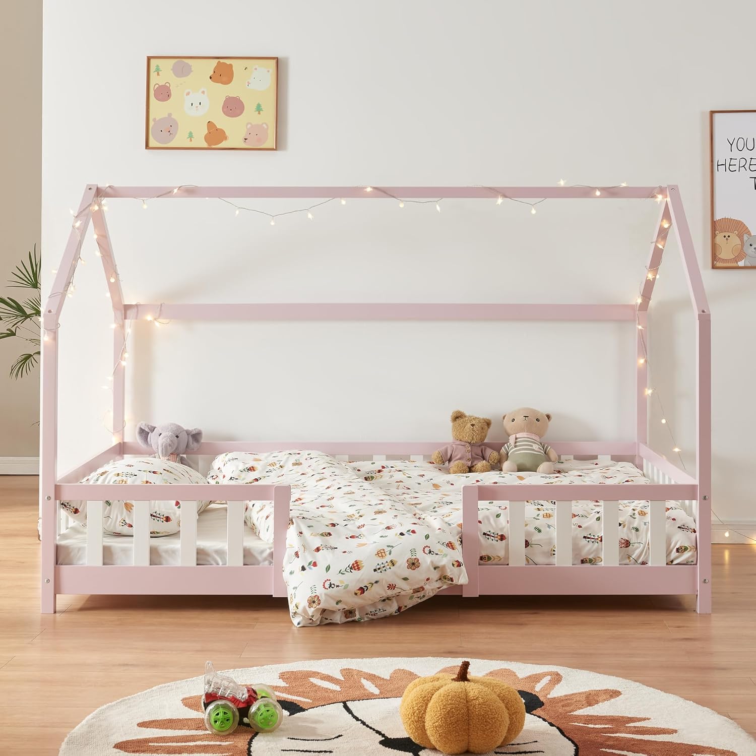 [en.casa] Letto per bambini Sisimiut a capanna 80 x 160 cm con protezione anticaduta letto in legno per bambini letto a terra rete a doghe in legno di pino Bianco opaco