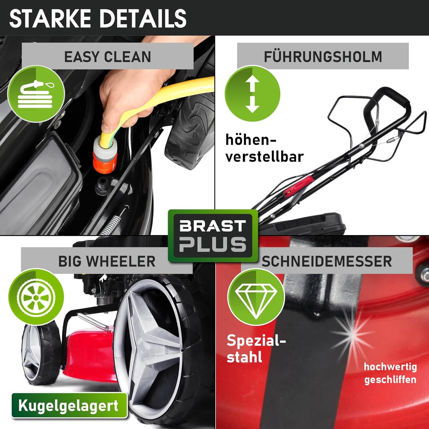 BRAST® Benzin Rasenmäher mit Antrieb | 3,5kW (4,76PS)-5,2kW(7PS) | 46-51cm Schnittbreite | viele Modelle | TÜV | 4 Takt OHV Motor | 30-80mm Schnitthöhe | 60L Fangkorb | Stahlgehäuse | RED LINE 7PS