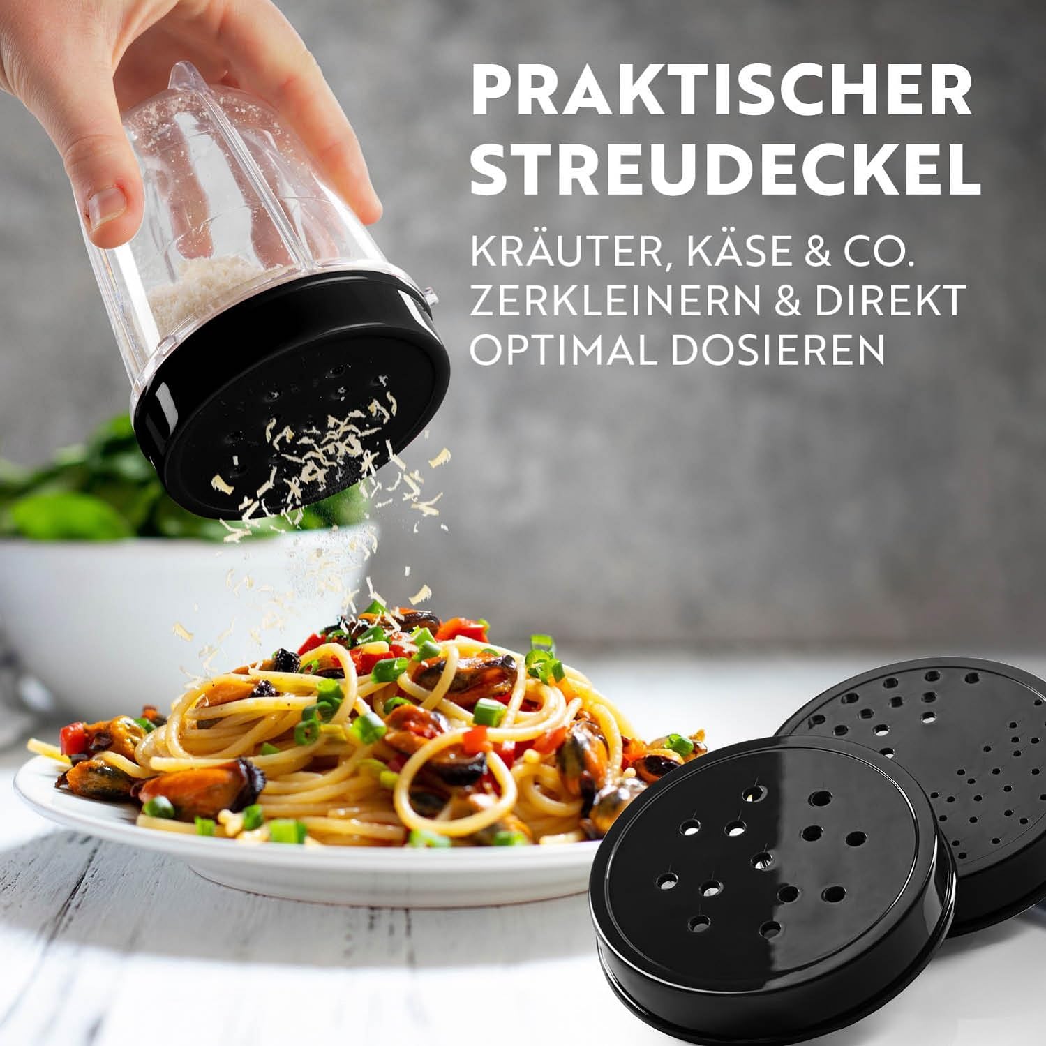 GOURMETmaxx Frullatore per Smoothie e Frullatore a Immersione Set da 18 pezzi - 400W | Frullatore Elettrico da 750ml, Mixer con 4 Bicchiere To-Go, 2 Lame, Spremiagrumi, Piedistallo e Coperchio | Lavabile in Lavastoviglie, a Prova di Perdite e Senza BPA