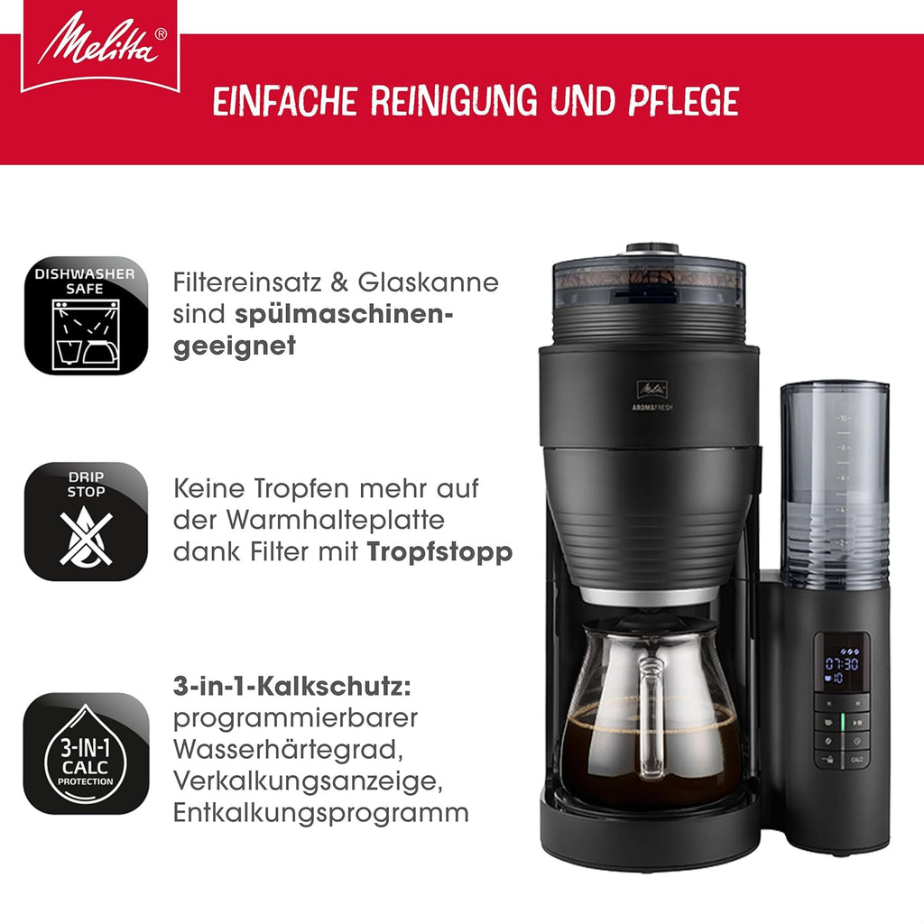 Melitta AromaFresh X - Macchina da Caffè con Macinacaffè, Macchina da Caffè Filtrato con Caraffa in Vetro e Blocco Antigoccia, per Fino a 10 Tazze di Caffè, Nero/Argento