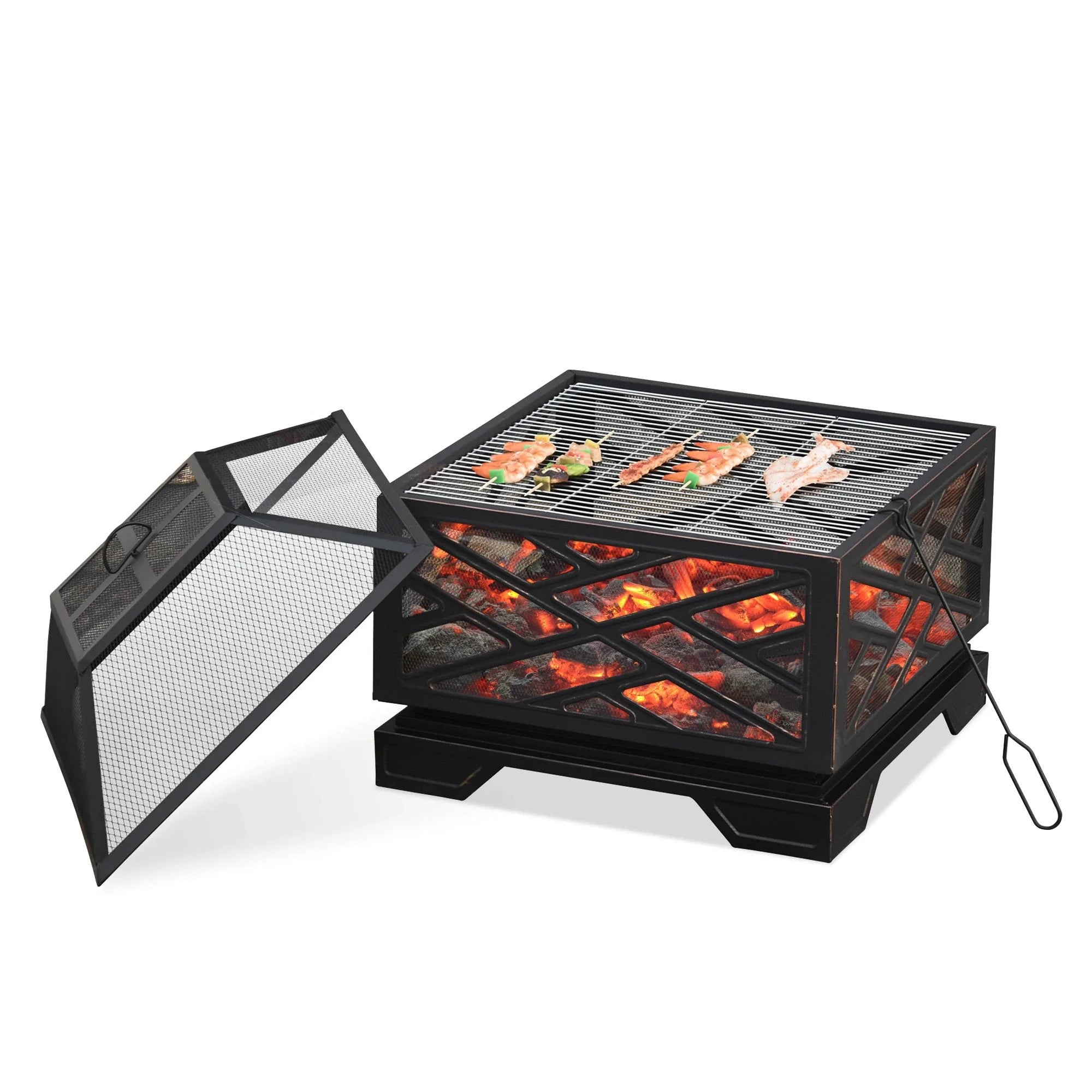 Outsunny Feuerschale Grillfunktion tragbar mit Funkenschutz Schürhaken