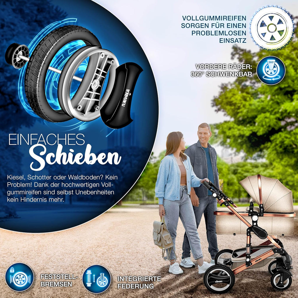 KIDUKU® Set completo passeggino 3 in 1 | Set passeggino combinato con navicella e sedile sportivo passeggino e seggiolino auto ovetto sacco a pelo | Ruote in gomma piena borsa per il cambio scaldamani parapioggia tavolino ECE R129