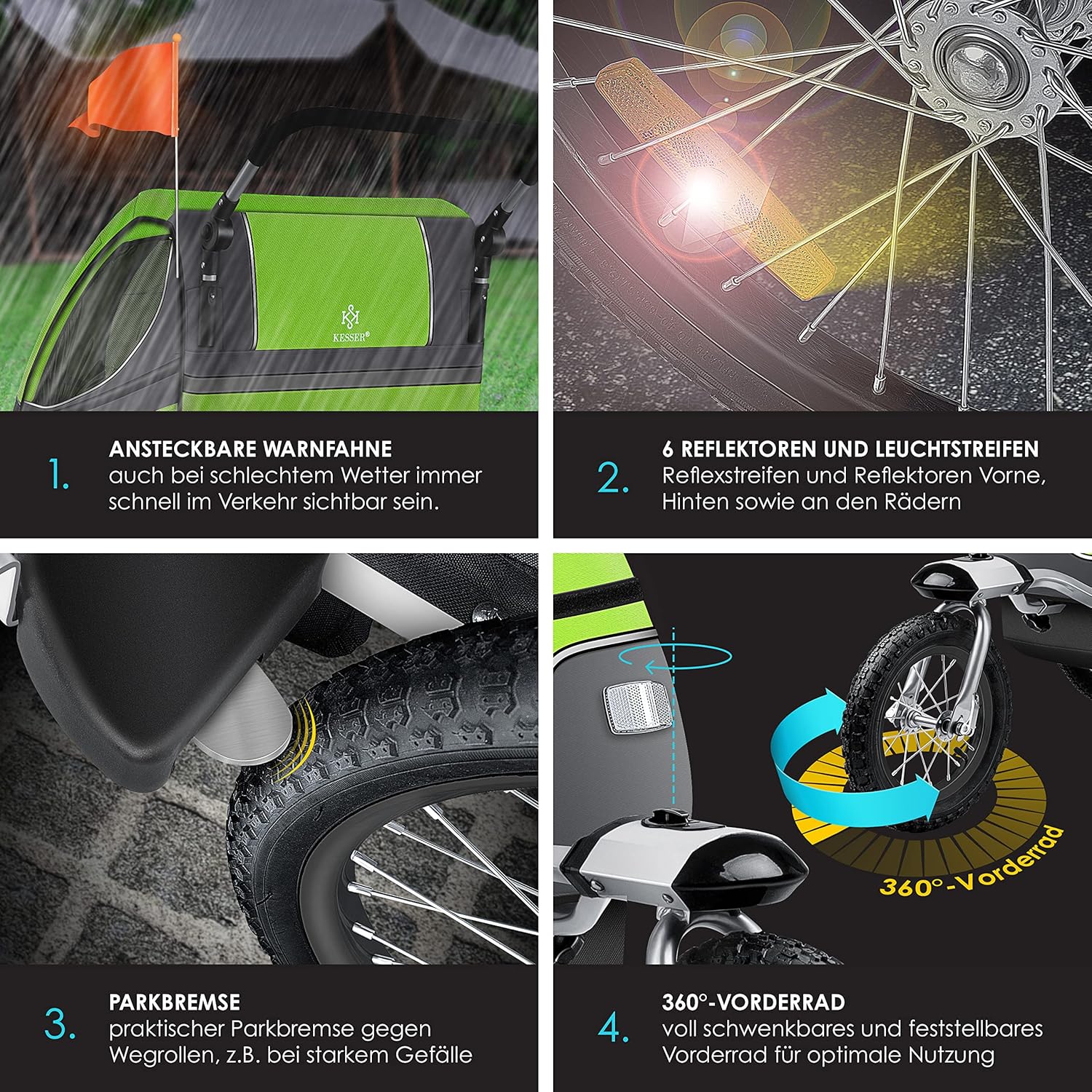 KESSER® Kinderanhänger Fahrradanhänger 360° Drehbar mit Federung 2in1 Joggerfunktion Kinderfahrradanhänger + 5-Punkt Gurt Jogger Fahrrad Anhänger für 1 bis 2 Kinder max. 40kg Inkl. Warnfahne, Schwarz