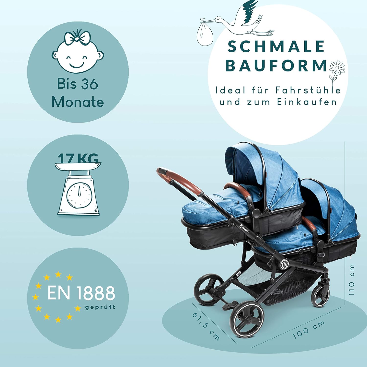 babyGO Passeggino 3 in 1 per gemelli - Passeggino fratellare/Passeggino per fratelli per neonati - Passeggino gemellare/Passeggino per 2 bambini con molti accessori (Blu Melange-senza ovetto)