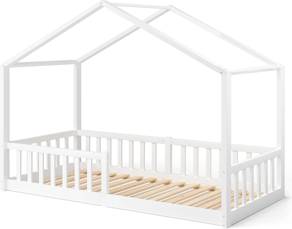 Bellabino Lettino per bambini Bia 140x200 cm, letto a capanna per bambini con protezione anticaduta e rete a doghe arrotolabile, letto a terra Montessori bianco in legno massello di pino