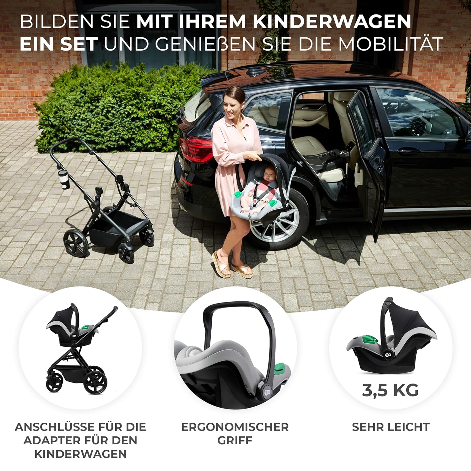 Kinderkraft NEWLY Kinderwagen 3 in 1, Komplettset bis 22 kg, Kindersitz I-Size 40-75 cm im set, Kombikinderwagen mit Fußsack, wasserfestes Verdeck mit UPF50+, Zusammenklappen, Liegeposition, Beige