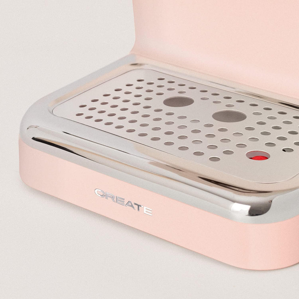 CREATE / THERA RETRO/Macchina da caffè espresso semiautomatica Rosa Pastello Opaco e Legno / Pompa a pressione 20bar, 1100W, Serbatoio acqua 1.25L, per caffè macinato, cialde ESE 55mm, con vaporizzatore, 1100W