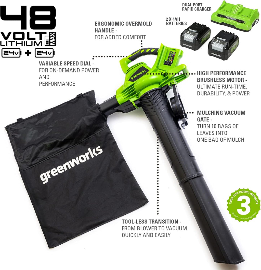 Greenworks 48V(2x24V) Akku Laubsauger / Laubbläser mit Schultergurt, bürstenloser Motor, 322 km/h, 9 m³/min, 45L Fangsack, zwei 4Ah Batterien & Ladegerät, 3 Jahre Garantie GD24X2BVK4X