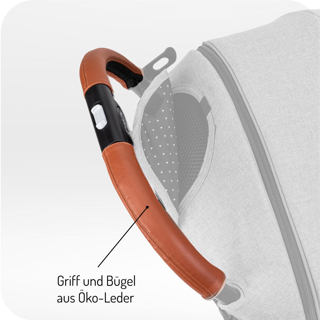 MOMI ESTELLE Kinderwagen für Kinder ab 6 Monat bis zu max körpergewicht von 15 kg, klappbar auf die Maße 65 x 51 x 21 cm, gewicht 7,5 kg, 5-Punkt-Sicherheitsgurt, koffer, grau-gold, Räder 6''/6,5''
