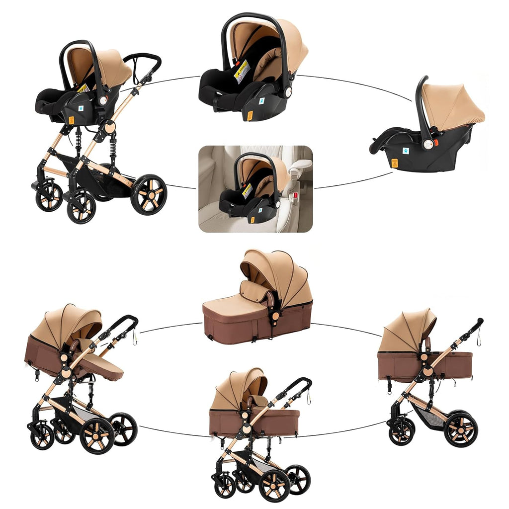 Sianldcone Passeggino 3 in 1, Set Passeggino con Tessuti di Alta Qualità, Sistemi di Viaggio con Spinta Reversibile, Passeggino Combinato a Vista Aperta Set Completo 3 in 1 (V9 Cachi)