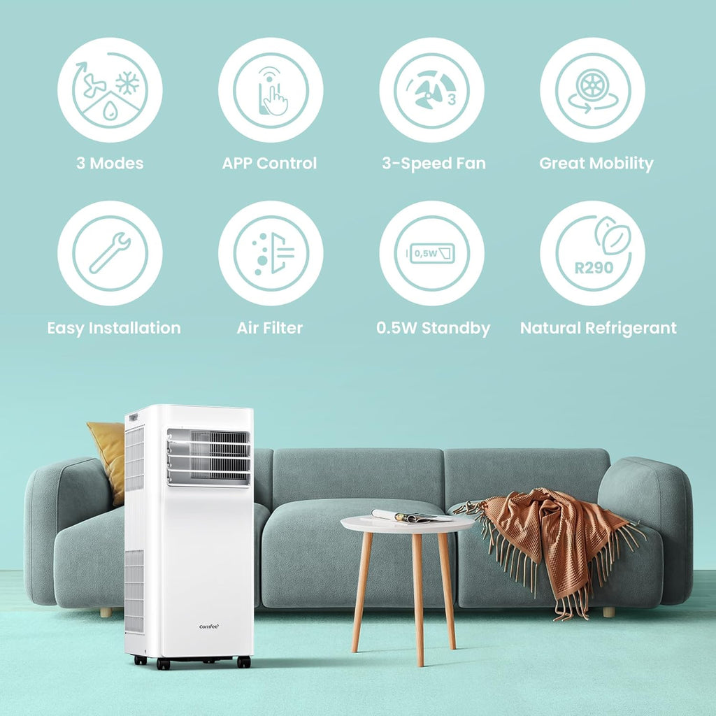 Comfee Condizionatore Portatile Easy Cool 2.0, 7000 BTU 2,0kW, Raffreddamento&Ventilazione&Deumidificazione, Adatto per Ambienti fino a 68m³(25㎡), Controllo tramite APP/Alexa/Google Home/IFTTT, Climatizzatore Portatile con Tubo di Scarico
