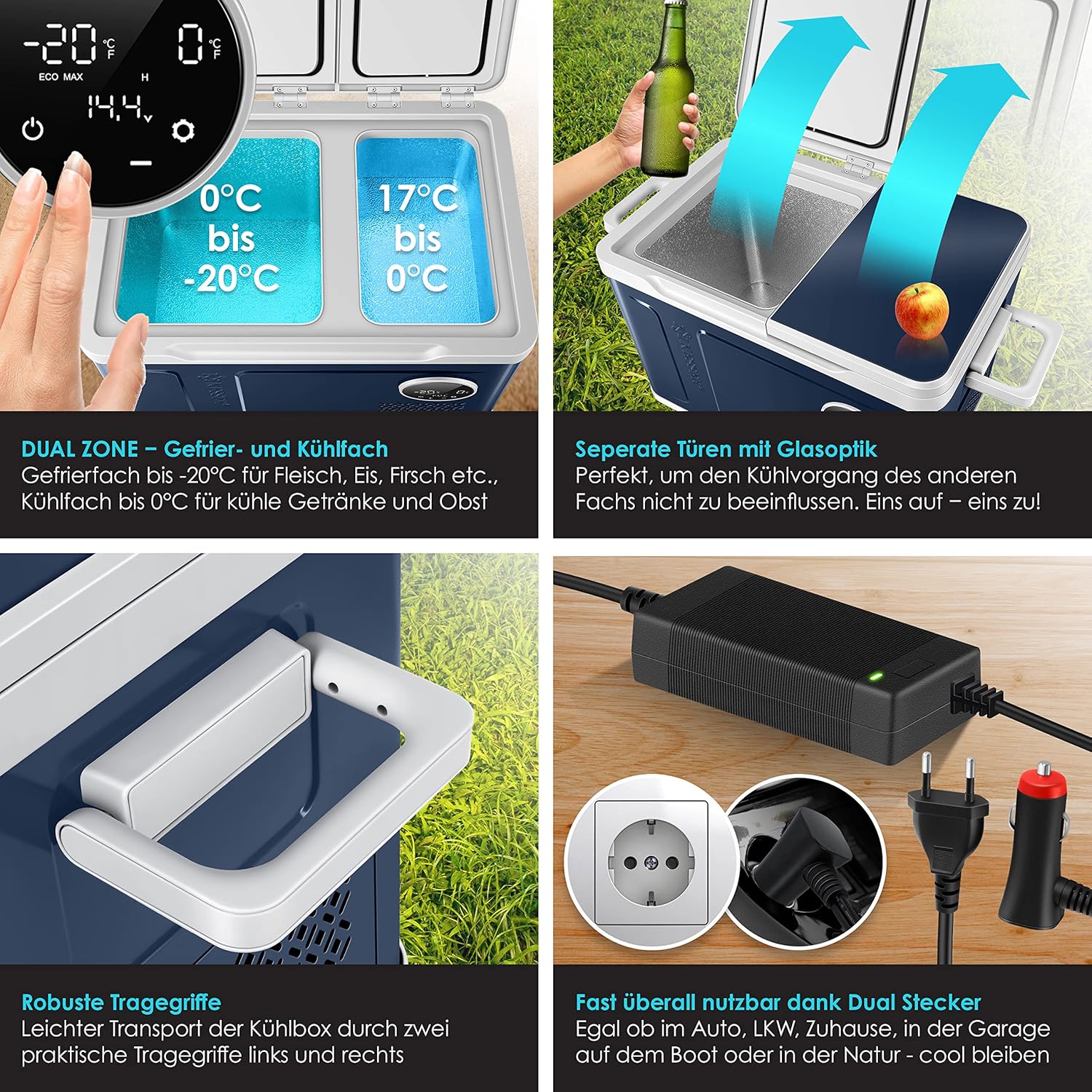KESSER® Frigorifero portatile a compressore 2in1 doppia zona frigo e congelatore, congelatore elettrico con 2 accumuli di freddo e controllo touch LED | Refrigerazione fino a -20 °C per campeggio, auto, camion 12/24V 230V