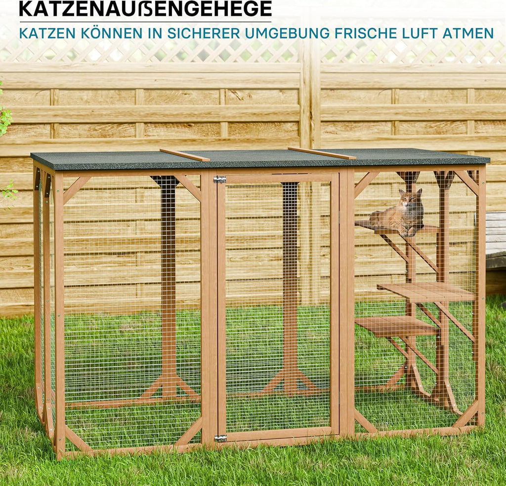 Wiltec Recinto esterno per gatti 168 x 82 x 166,5 cm con 6 piattaforme, gabbia per gatti da giardino resistente alle intemperie, cuccia per gatti con rete metallica e tetto in bitume