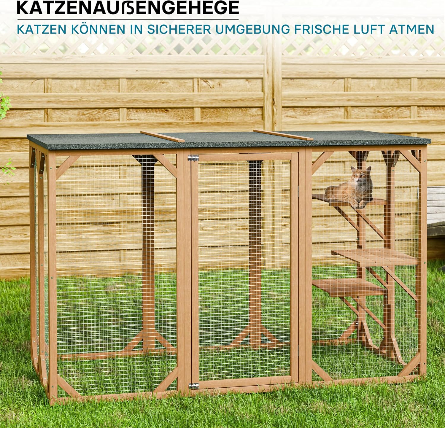 Wiltec Recinto esterno per gatti 168 x 82 x 166,5 cm con 6 piattaforme, gabbia per gatti da giardino resistente alle intemperie, cuccia per gatti con rete metallica e tetto in bitume