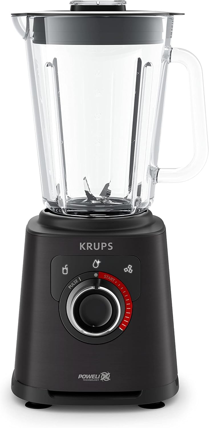 Krups KB403D Perfectmix + Hochleistungsstandmixer, 1.200W, 28.000 UpM, 2L Glasbehälter, 3 voreingestellte Programme, Powelix- Technologie, Edelstahl/Dunkelgrau
