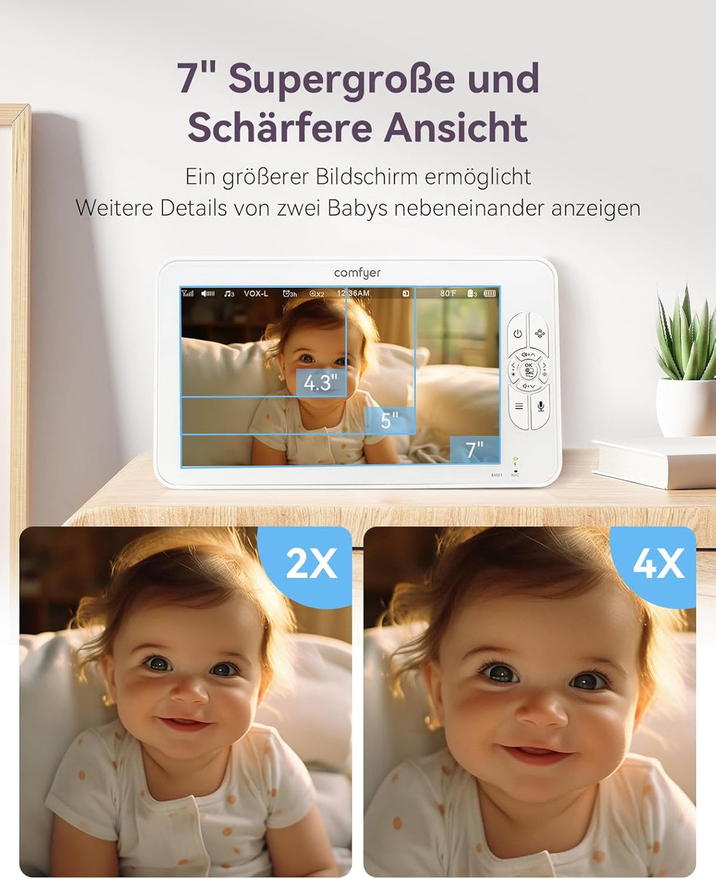 Comfyer Baby Monitor Video Split-Screen con 2 Telecamere, 7" HD 720P Telecamera Nido Wireless con Staffa, Visione Notturna IR, Obiettivo Grandangolare, Modalità Vox, Audio a 2 Vie, Portata di 300 Metri