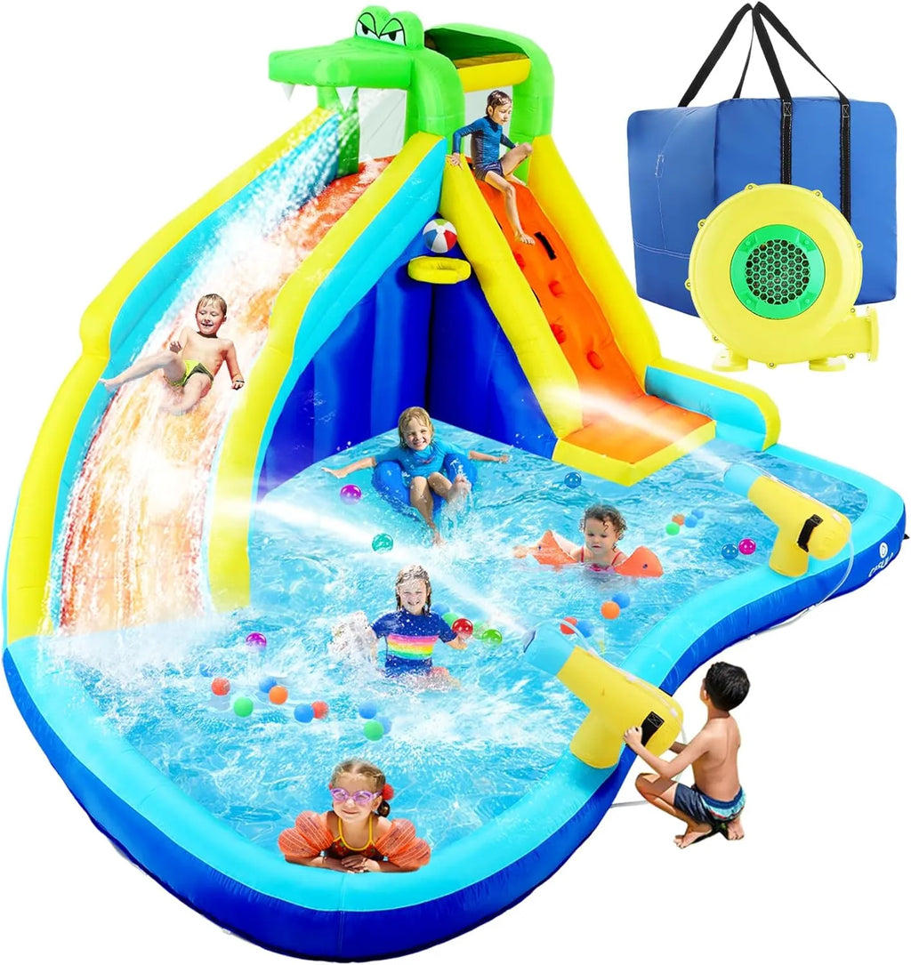 Scivoli d'acqua gonfiabili per bambini, parco acquatico gonfiabile 8-in-1 con soffiatore da 450 W, parete da arrampicata, piscina, 2 cannoni ad acqua, canestro da basket, scivolo ad acqua, irrigatore a coccodrillo come regalo per una festa in giardino